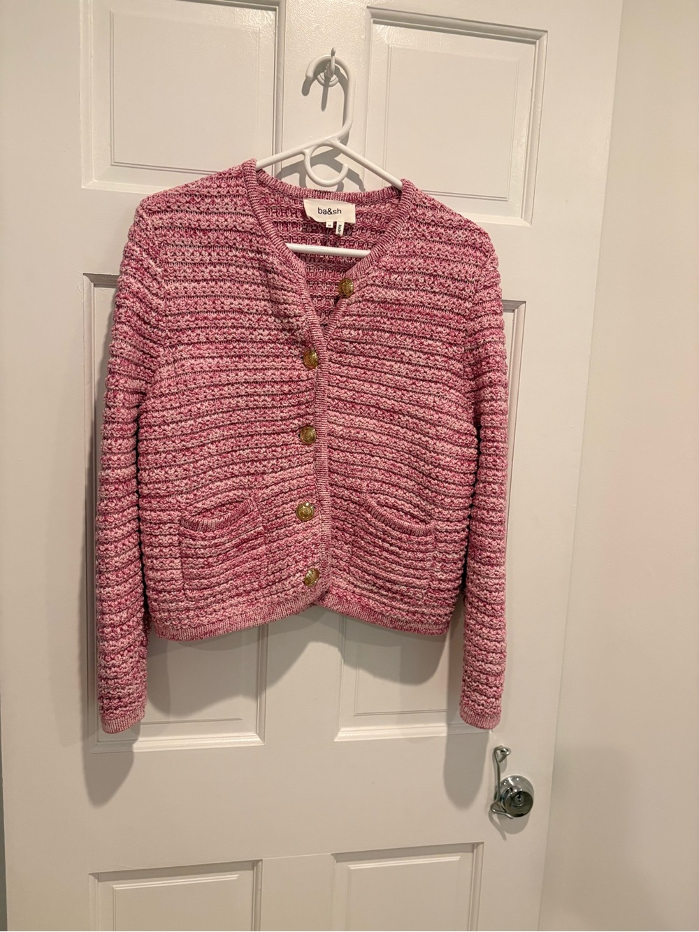 ba&sh Pink Gaspard Knit Cardigan with Gold Buttons
